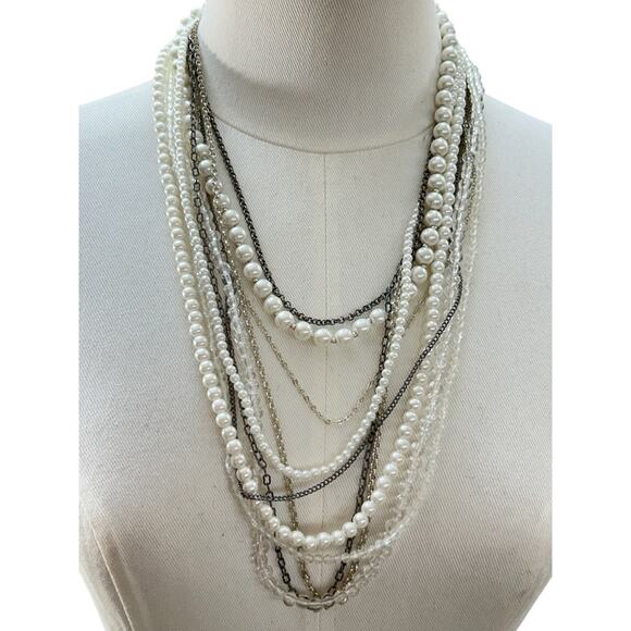 Mixed Beads Multistrand Tiered Necklace White Silvertone Pewter Oversize Lobster - Picture 2 of 7